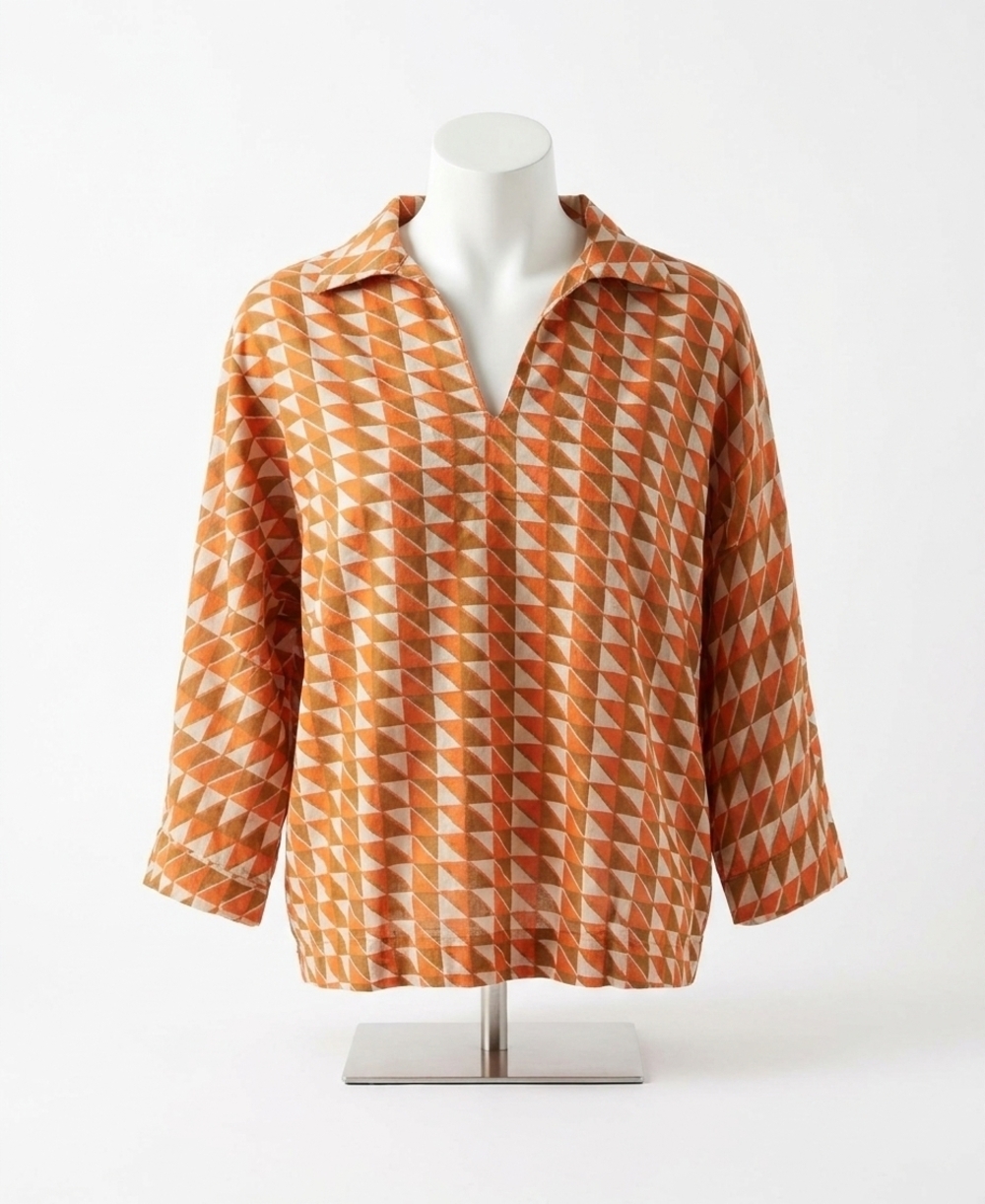 NEW IVY JANE geometric collared popover top in orange